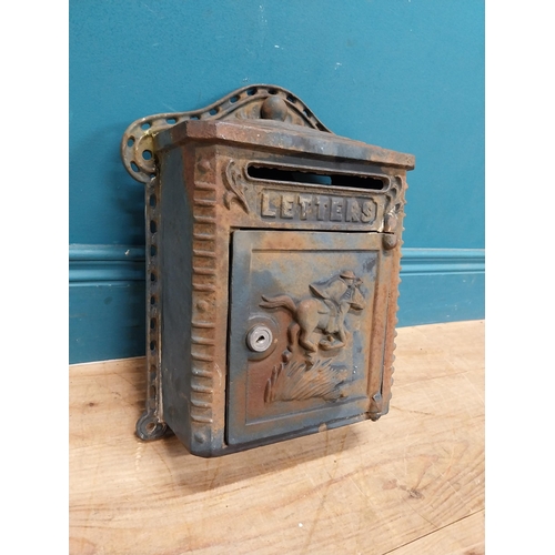 132 - Cast iron wall post box. { 36cm H X 39cm W X 14cm D }.