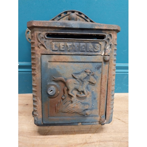 132 - Cast iron wall post box. { 36cm H X 39cm W X 14cm D }.