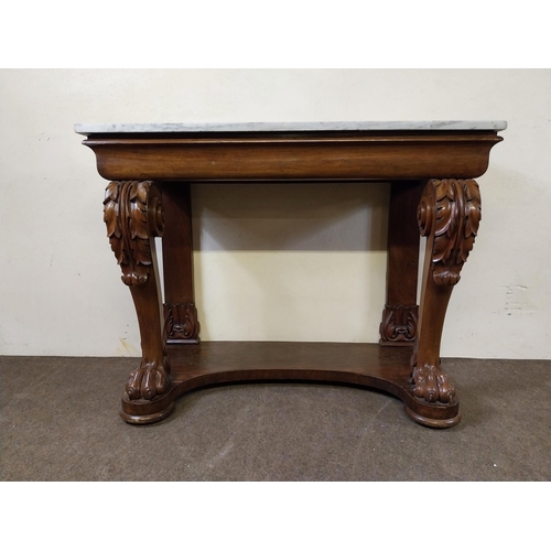 134 - William IV mahogany side table with marble top raised on carved cabriole legs and lions paw feet and... 