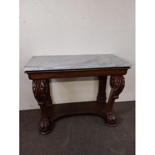 134 - William IV mahogany side table with marble top raised on carved cabriole legs and lions paw feet and... 