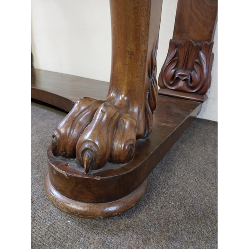 134 - William IV mahogany side table with marble top raised on carved cabriole legs and lions paw feet and... 