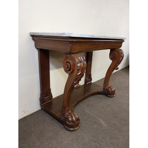 134 - William IV mahogany side table with marble top raised on carved cabriole legs and lions paw feet and... 