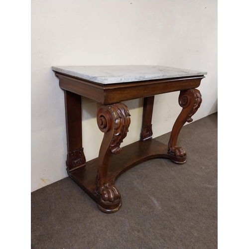 134 - William IV mahogany side table with marble top raised on carved cabriole legs and lions paw feet and... 