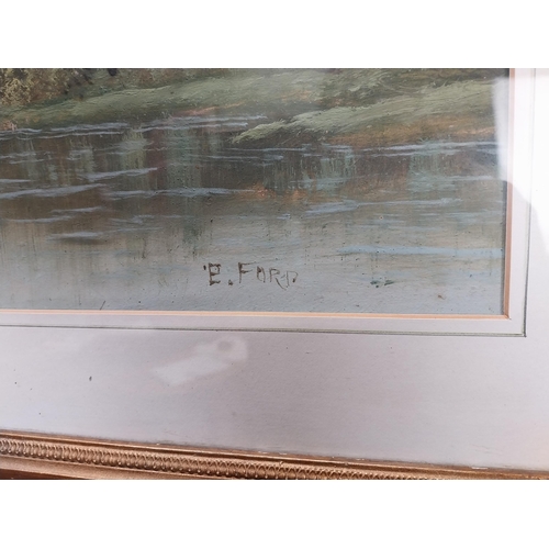 135 - E Ford Pair of River Scenes Oil on Boards mounted in gilt frames. { 50cm H X 62cm W }