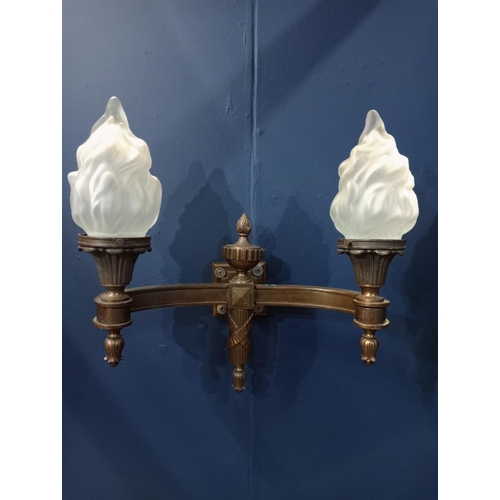 137 - Pair of bronze two branch wall lights in the Edwardian style. { 43cm H X 48cm W X 26cm D }.