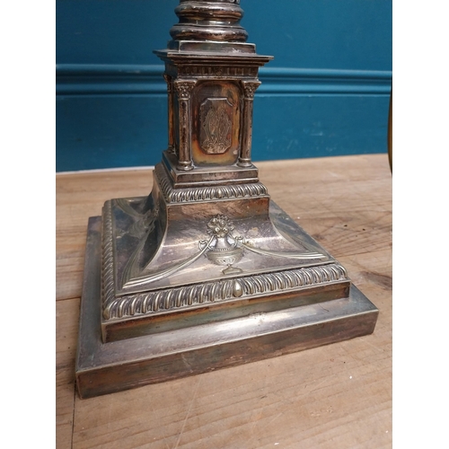 141 - Good quality 19th C. silver plate corinthian column table lamp with cloth shade originally from Lutt... 