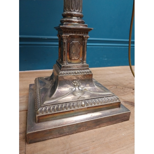 141 - Good quality 19th C. silver plate corinthian column table lamp with cloth shade originally from Lutt... 