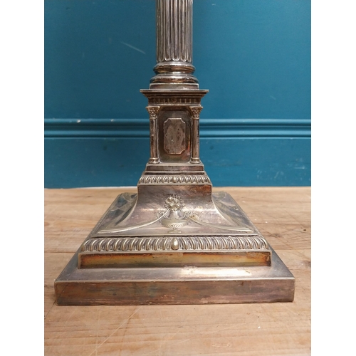 141 - Good quality 19th C. silver plate corinthian column table lamp with cloth shade originally from Lutt... 