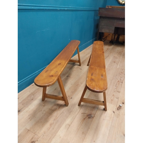 15 - Pair of 19th C. fruitwood kitchen benches raised on splayed legs {45 cm H x 160 cm W x 34 cm D}.