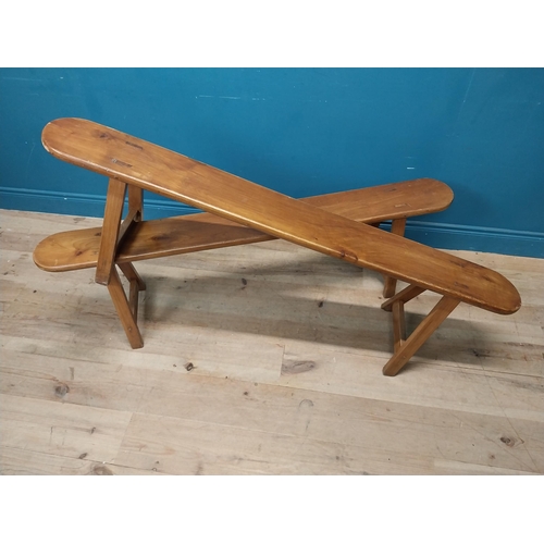 15 - Pair of 19th C. fruitwood kitchen benches raised on splayed legs {45 cm H x 160 cm W x 34 cm D}.