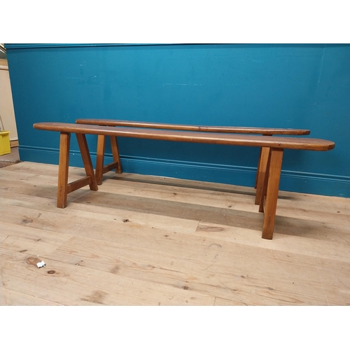 15 - Pair of 19th C. fruitwood kitchen benches raised on splayed legs {45 cm H x 160 cm W x 34 cm D}.