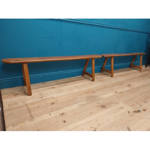 15 - Pair of 19th C. fruitwood kitchen benches raised on splayed legs {45 cm H x 160 cm W x 34 cm D}.