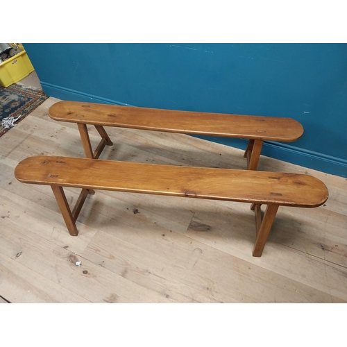 15 - Pair of 19th C. fruitwood kitchen benches raised on splayed legs {45 cm H x 160 cm W x 34 cm D}.