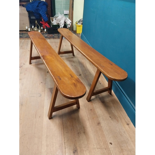 15 - Pair of 19th C. fruitwood kitchen benches raised on splayed legs {45 cm H x 160 cm W x 34 cm D}.