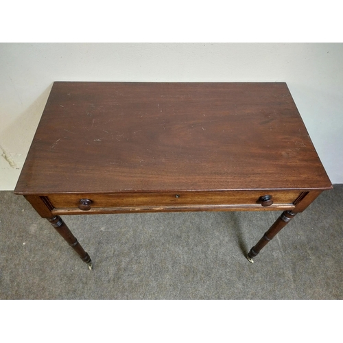 158 - Georgian mahogany side table with single drawer in the frieze raised on turned legs and castors {72 ... 