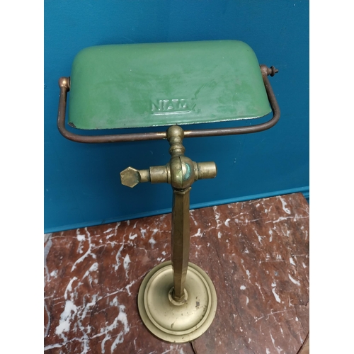 162 - 1940's brass desk lamp with green enamel shade. {45 cm H x 27 cm W x 29 cm D}.