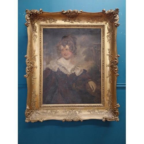 163 - 19th C. portrait of a Lady mounted in gilt frame {122 cm H x 100 cm W}.