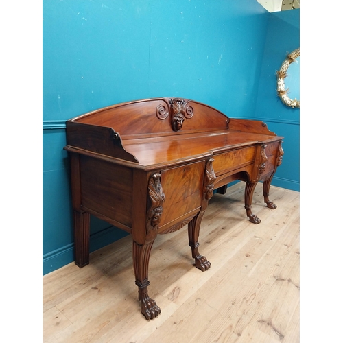 170 - 19th C. Irish mahogany sideboard with carved gallery back raised on carved lions mask legs and lions... 