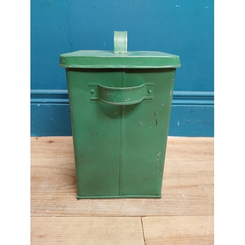 179 - Green painted metal Crackers lidded tin. {30 cm H x 24 cm W x 18 cm D}.