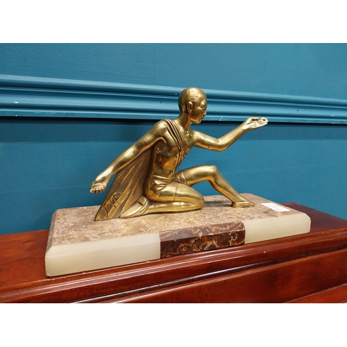 18 - Art Deco brass figure on marble base signed . {18 cm H x 30 cm W x 12 cm D}.