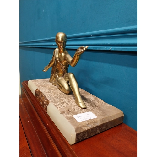 18 - Art Deco brass figure on marble base signed . {18 cm H x 30 cm W x 12 cm D}.