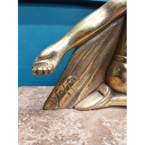 18 - Art Deco brass figure on marble base signed . {18 cm H x 30 cm W x 12 cm D}.