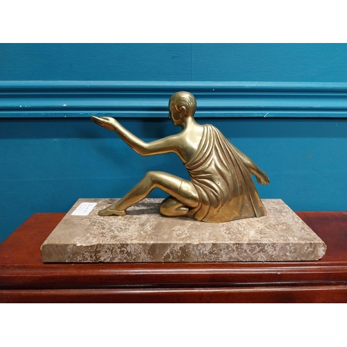 18 - Art Deco brass figure on marble base signed . {18 cm H x 30 cm W x 12 cm D}.