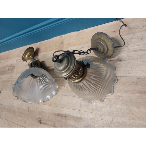 184 - Pair of early 20th C. holophane fluted glass shades with original brass galleries. {35 cm H x 25 cm ... 