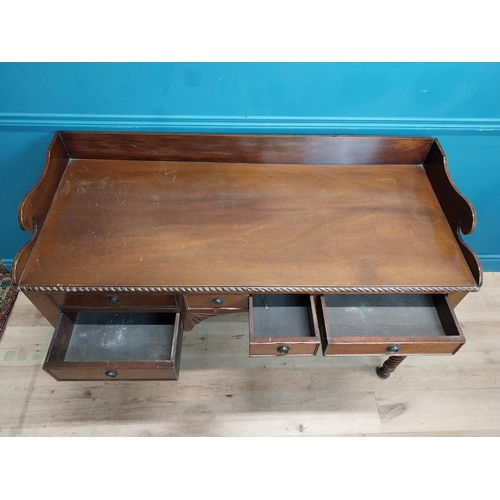 190 - 19th C. mahogany sideboard with gallery back on barley twist legs. {96 cm H x 114 cm W x 59 cm D}.