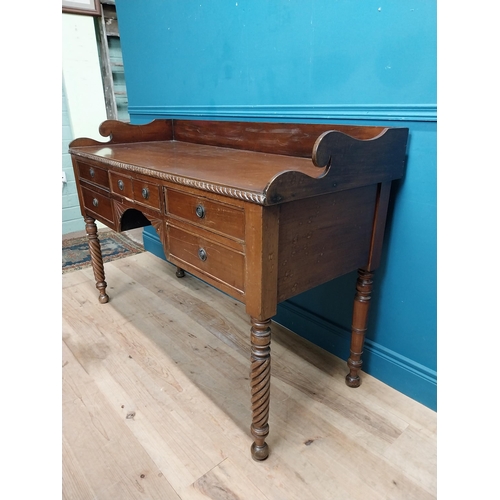 190 - 19th C. mahogany sideboard with gallery back on barley twist legs. {96 cm H x 114 cm W x 59 cm D}.