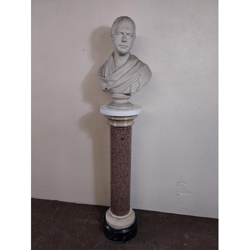 193 - Marble pedestal and plaster bust of a Gentleman {156 cm H x 36 cm W x 28 cm D}.