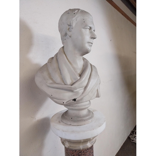 193 - Marble pedestal and plaster bust of a Gentleman {156 cm H x 36 cm W x 28 cm D}.