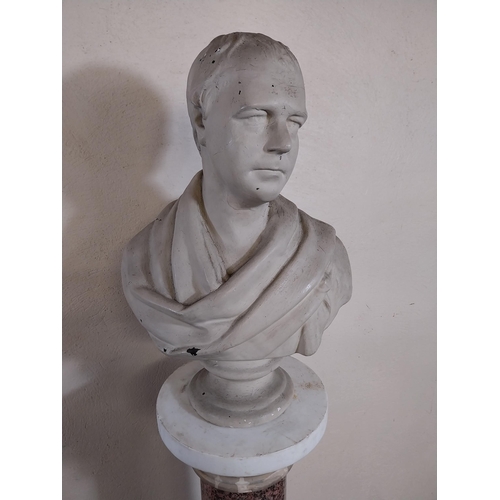 193 - Marble pedestal and plaster bust of a Gentleman {156 cm H x 36 cm W x 28 cm D}.