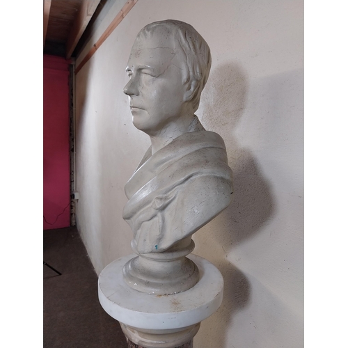 193 - Marble pedestal and plaster bust of a Gentleman {156 cm H x 36 cm W x 28 cm D}.