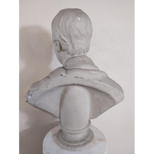 193 - Marble pedestal and plaster bust of a Gentleman {156 cm H x 36 cm W x 28 cm D}.