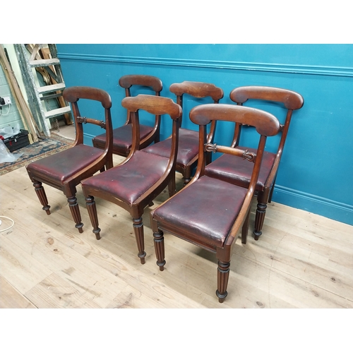 197 - Set of six 19th C. mahogany dining chairs with vinyl upholstered seats raised on reeded legs {86 cm ... 