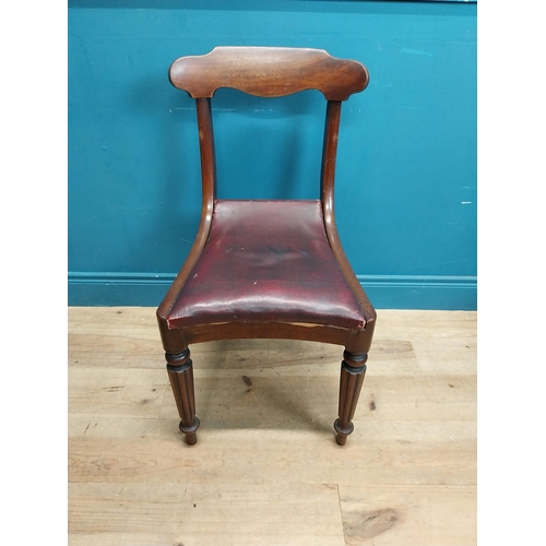 197 - Set of six 19th C. mahogany dining chairs with vinyl upholstered seats raised on reeded legs {86 cm ... 