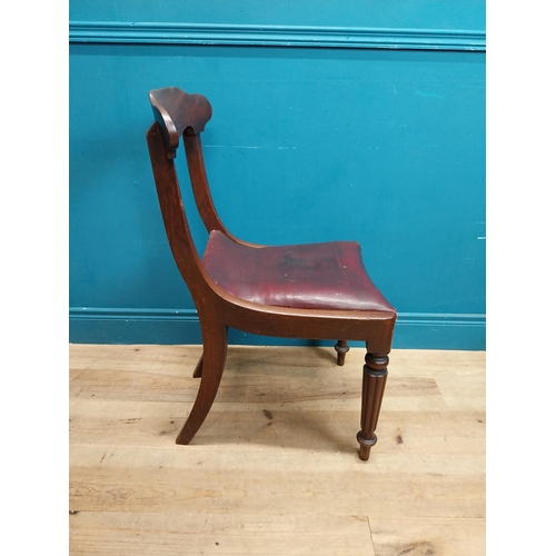 197 - Set of six 19th C. mahogany dining chairs with vinyl upholstered seats raised on reeded legs {86 cm ... 