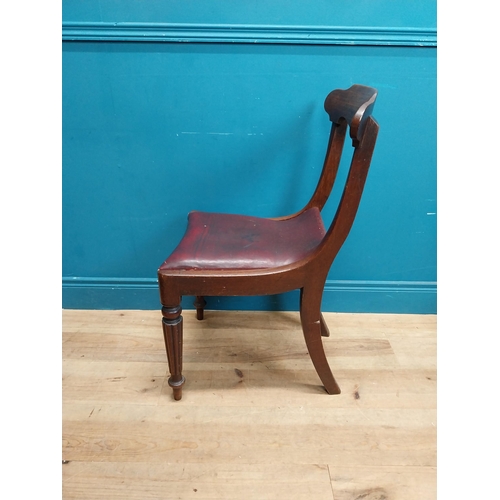 197 - Set of six 19th C. mahogany dining chairs with vinyl upholstered seats raised on reeded legs {86 cm ... 