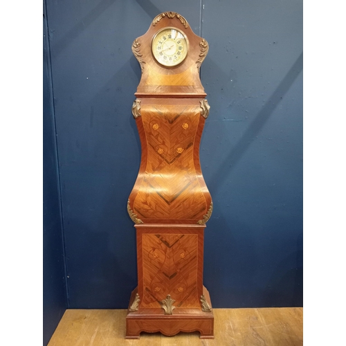 199 - Vintage French inlaid walnut  longcased clock with brass dial { 210cm H X 60cm W X 28cm D }.