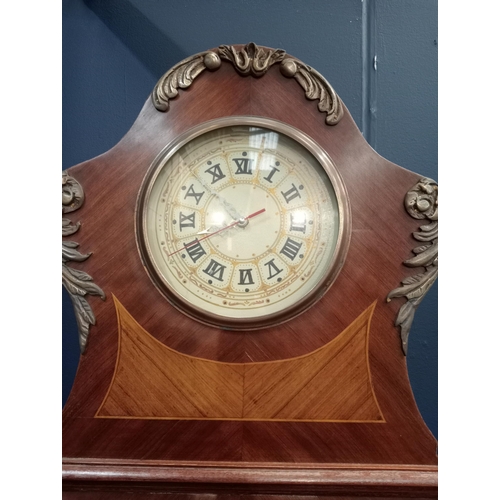 199 - Vintage French inlaid walnut  longcased clock with brass dial { 210cm H X 60cm W X 28cm D }.