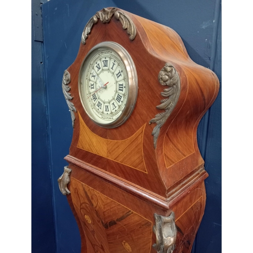 199 - Vintage French inlaid walnut  longcased clock with brass dial { 210cm H X 60cm W X 28cm D }.