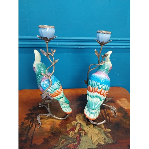 203 - Two decorative ceramic and gilded brass candle sticks in  the form of Parrots {34 cm H x 16 cm W x 1... 