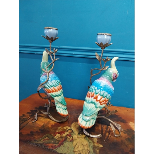 203 - Two decorative ceramic and gilded brass candle sticks in  the form of Parrots {34 cm H x 16 cm W x 1... 