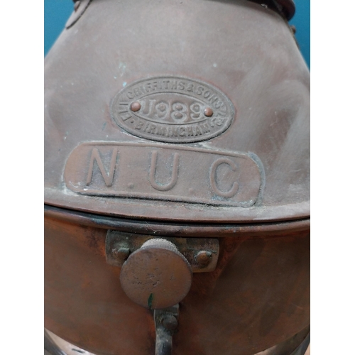 205 - Early 20th C. copper ship's lantern. Griffiths and Sons Birmingham NUC {66 cm H x 29 cm Dia.}.