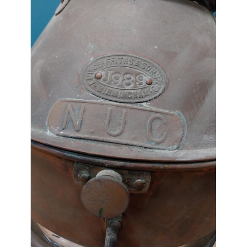 205 - Early 20th C. copper ship's lantern. Griffiths and Sons Birmingham NUC {66 cm H x 29 cm Dia.}.