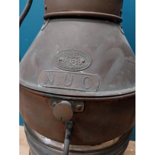 205 - Early 20th C. copper ship's lantern. Griffiths and Sons Birmingham NUC {66 cm H x 29 cm Dia.}.