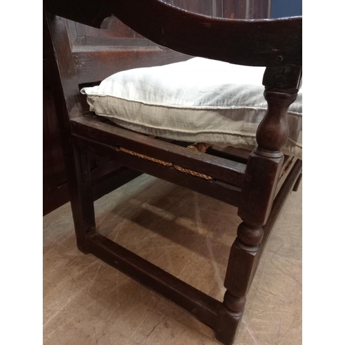 206A - 19th. C. oak settle bench with four panelled back,  rope design seat and removable cover. { 112cm H ... 