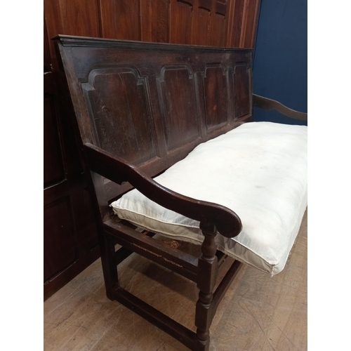 206A - 19th. C. oak settle bench with four panelled back,  rope design seat and removable cover. { 112cm H ... 