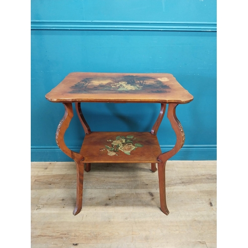 213 - Edwardian walnut lamp table with hand painted scenes depicting the lovers {74 cm H x 62 cm W x 46 cm... 